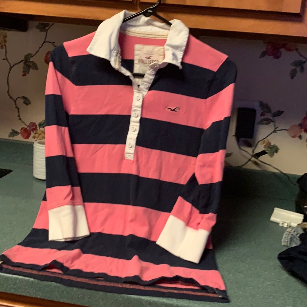Hollister 3/4 length pink navy polo